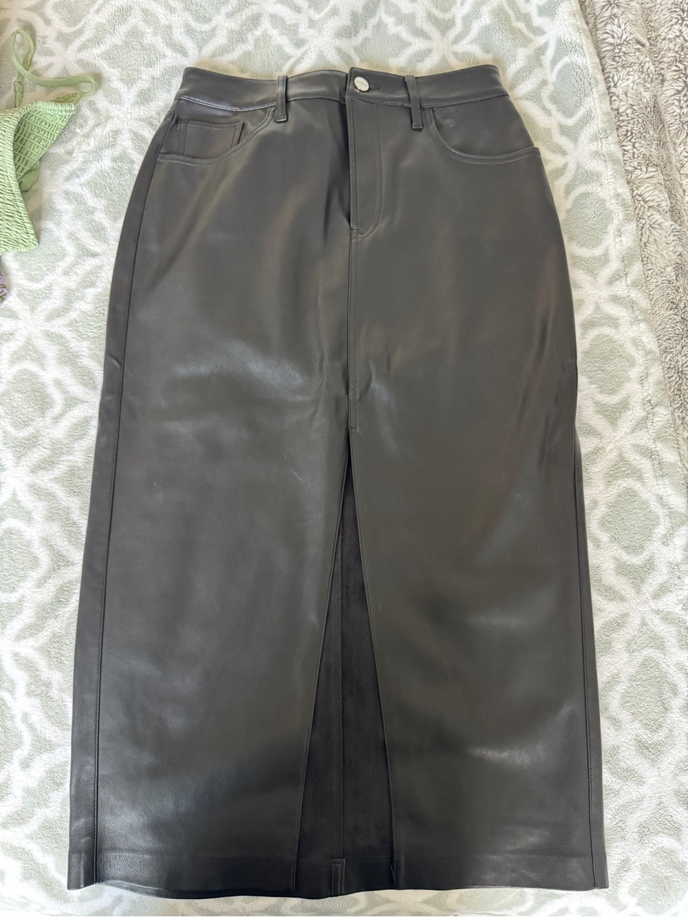 Black Faux Leather Midi Skirt with Front Slit